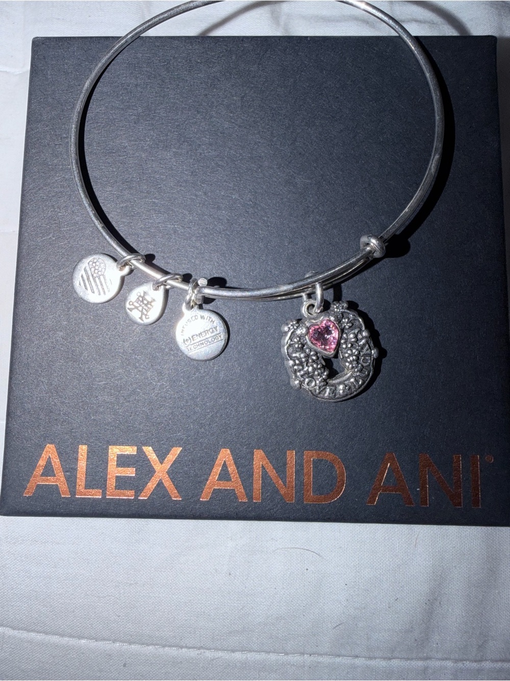 Alex and Ani Silver Wreath Charm Bangle with Pink Heart Crystal